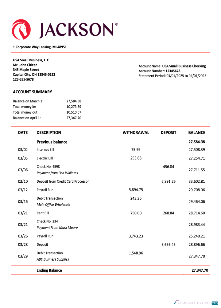 Download USA Jackson National organization account statement Word and PDF template Photoshop template